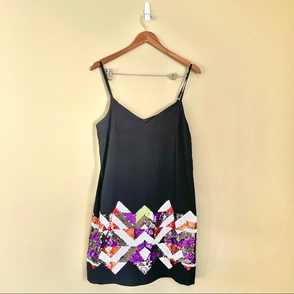 BEBE Mini Dress Black Size Medium Sequin Tribal Y2K Geometric Slip Party - Picture 2 of 7